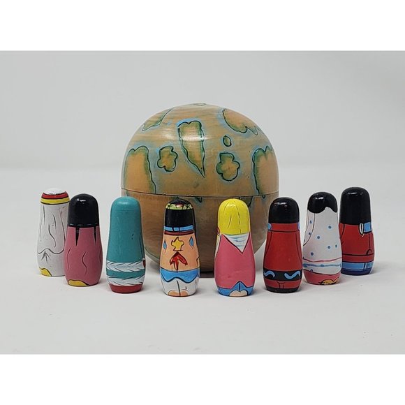 Vintage Oriental Trading Wooden Globe With 8 Multicultural Small Wooden Children - Picture 4 of 15